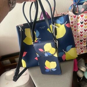 Kate Spade Blue Lemon Print Tote Bag PLUS cross body phone/wallet
